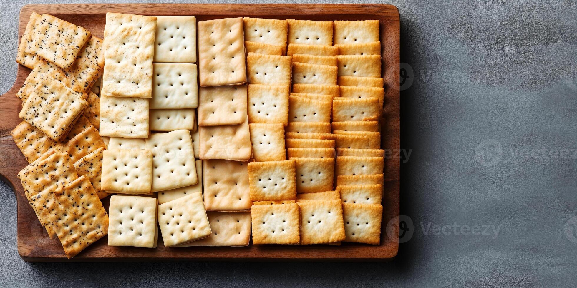 Crackers arranged evenly on a rectangular serving board, photorealistic food photo
