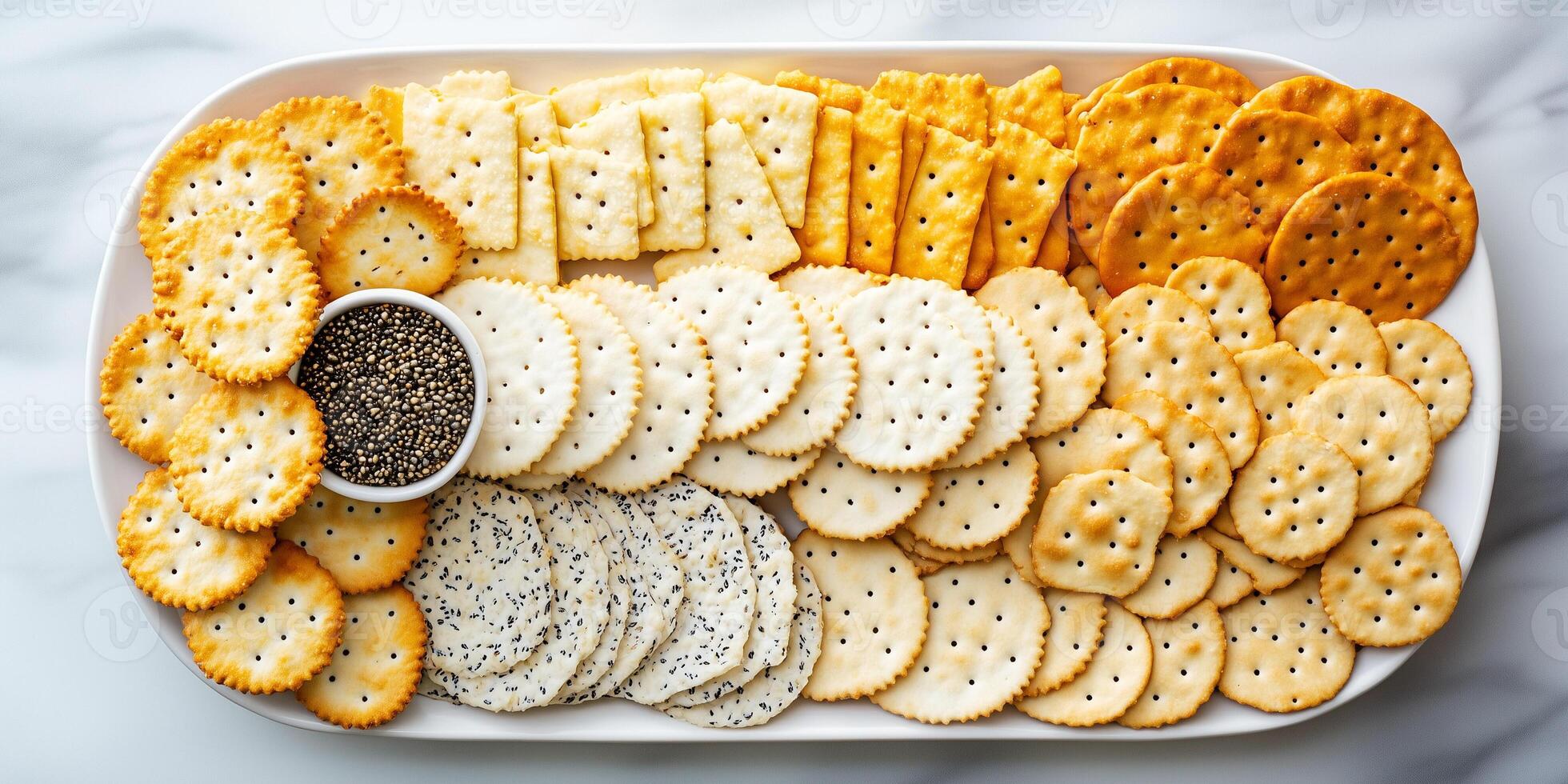 Crackers arranged symmetrically on a flat platter, gastronomy photography photo