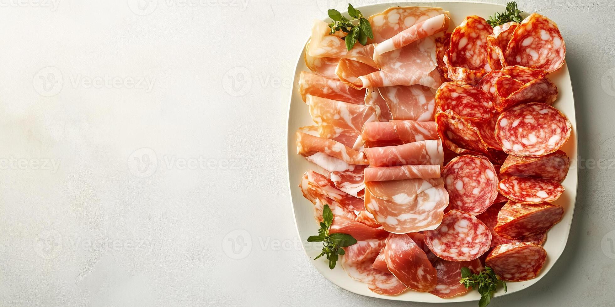 Assortment of cured meats positioned symmetrically on a large dish, gastronomy photography photo