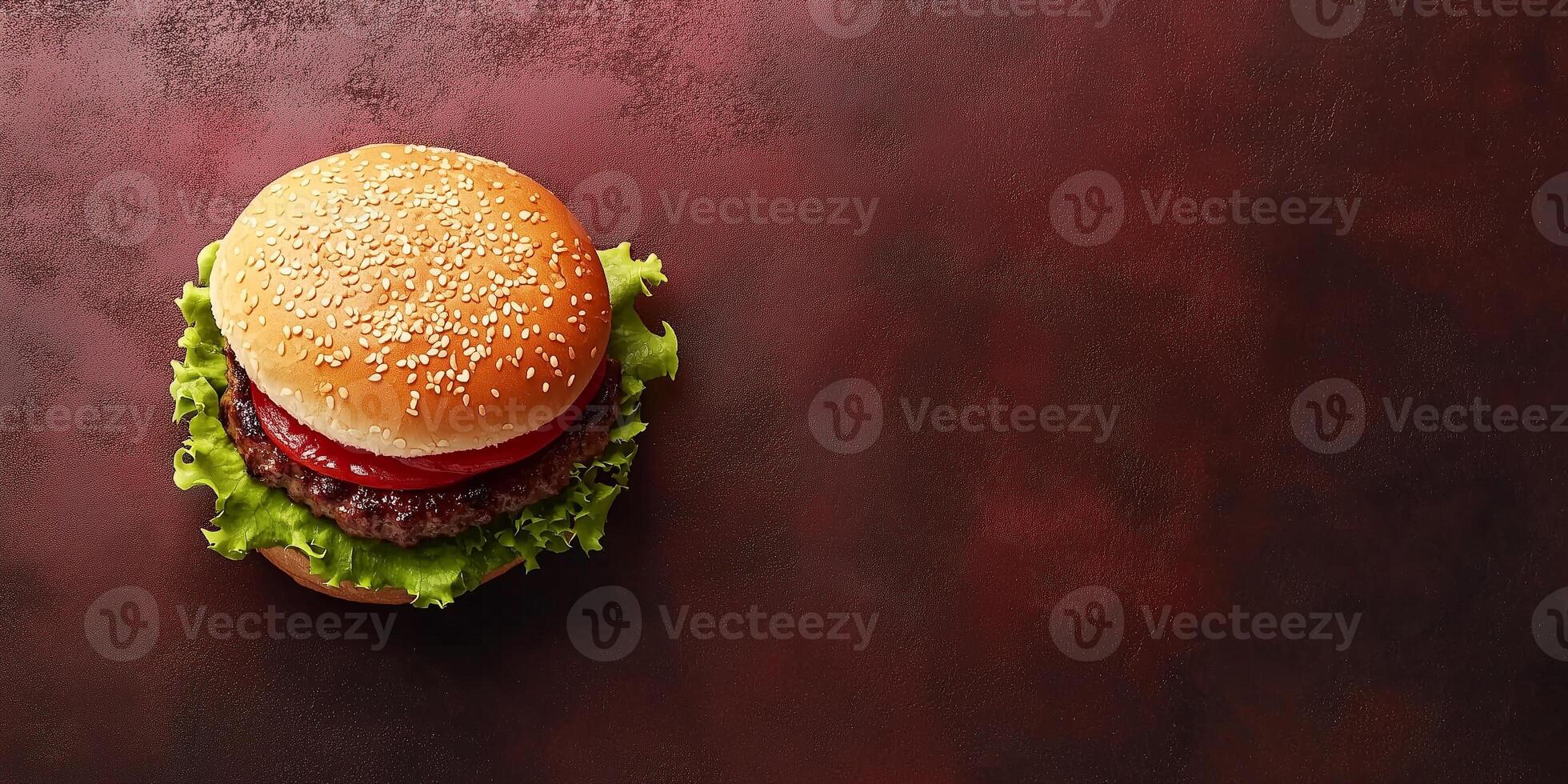 Assembled burger with visible layers, placed horizontally on a flat surface, photorealistic food photo