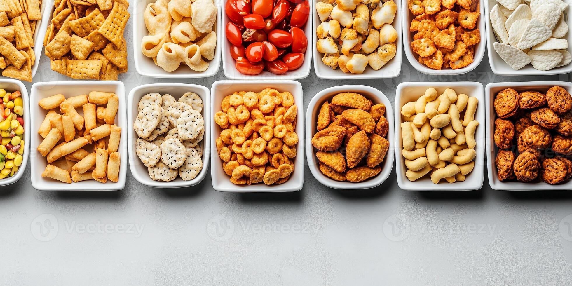 Individual servings of assorted snacks placed orderly on flat serving tray, gastronomy photography photo