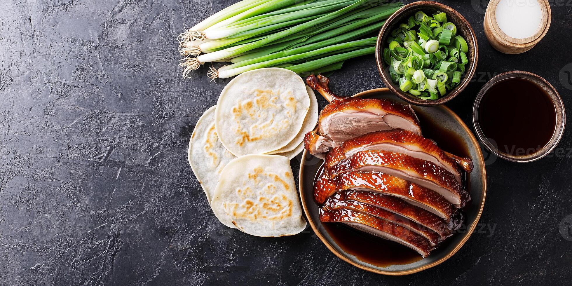 Peking duck with scallions and hoisin sauce, photorealistic food photo