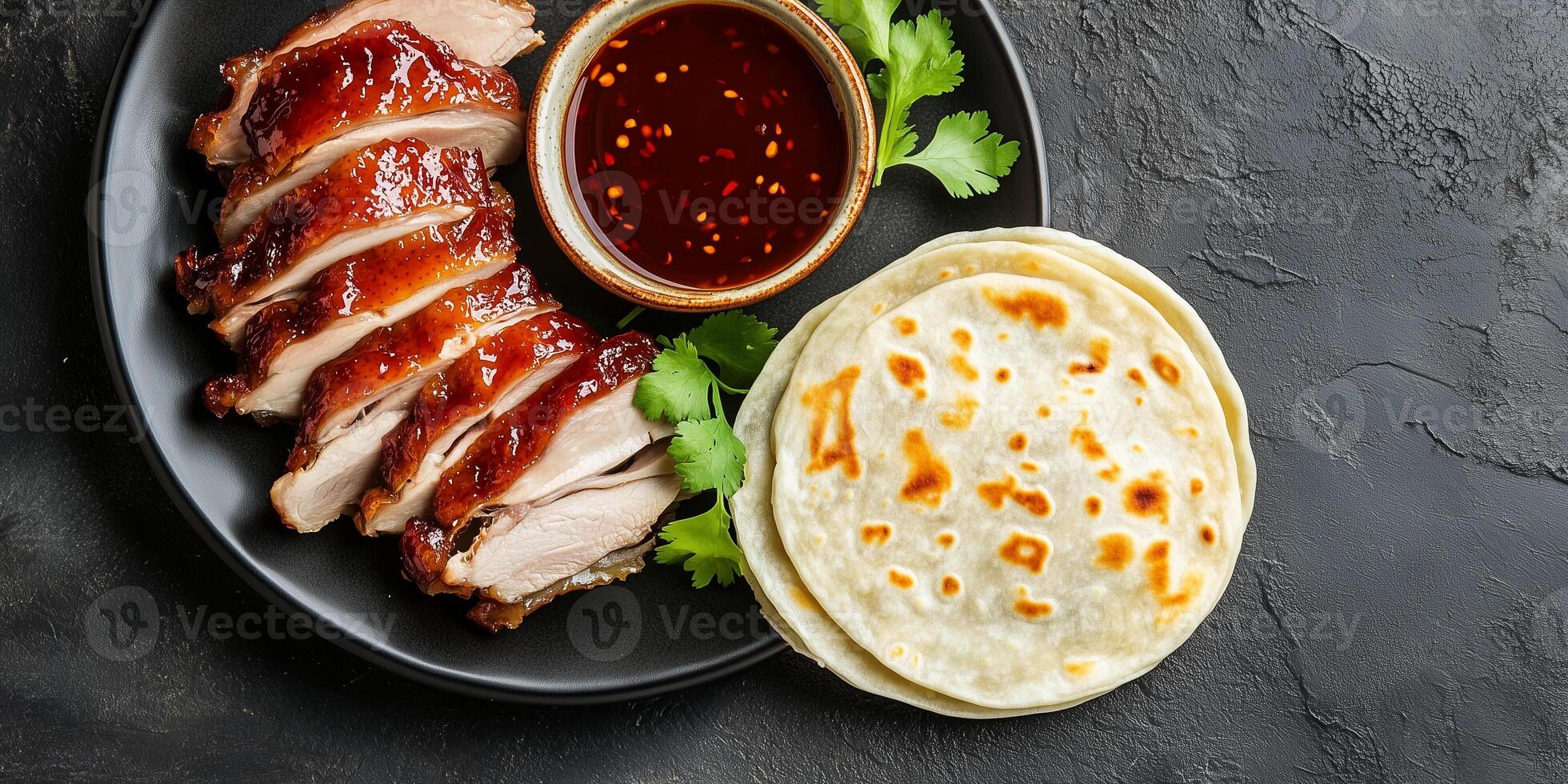 Peking duck with pancakes and dipping sauce, photorealistic food photo