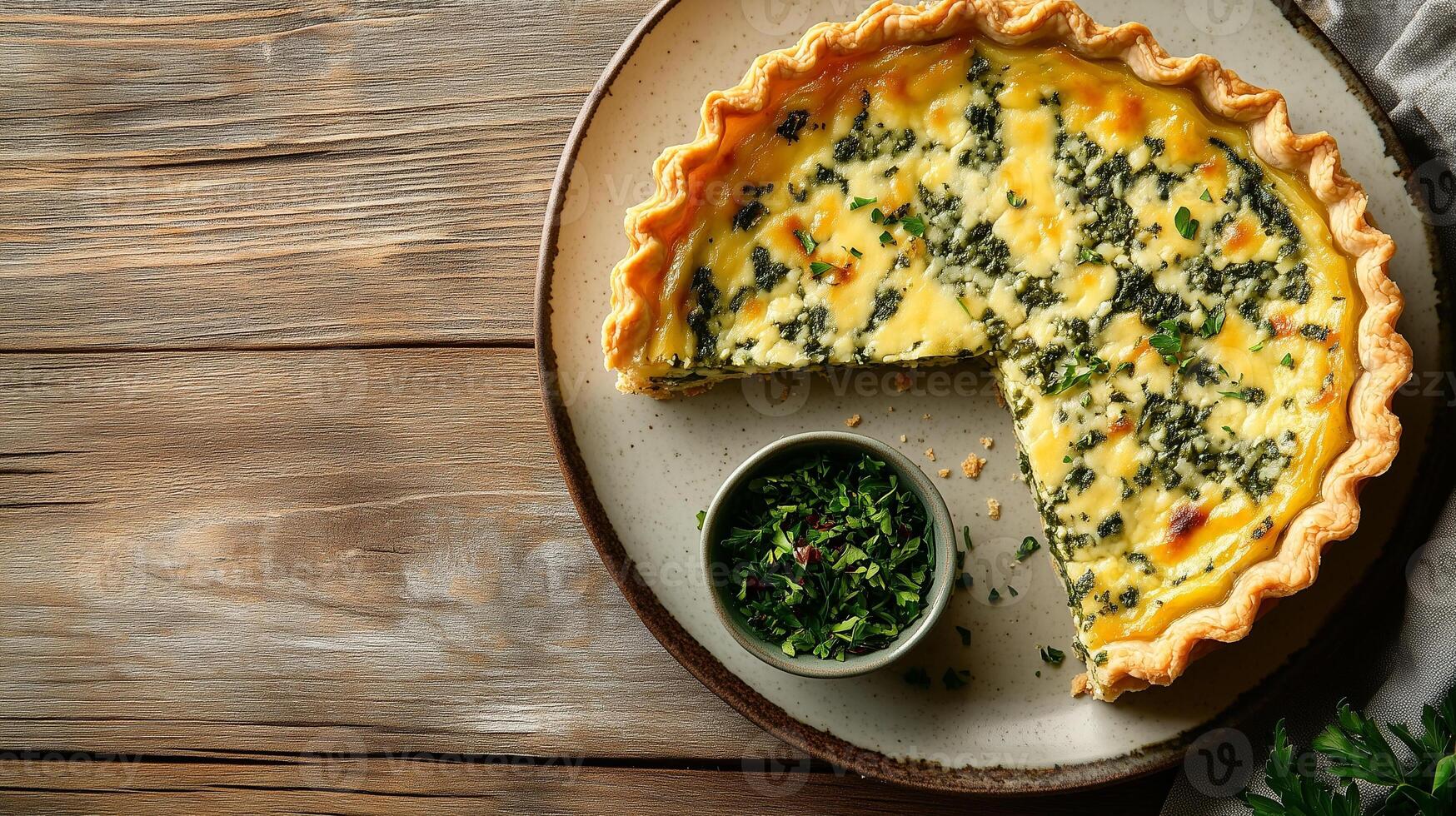 Quiche slice on a plate with a small bowl of garnish beside it, photorealistic food photo