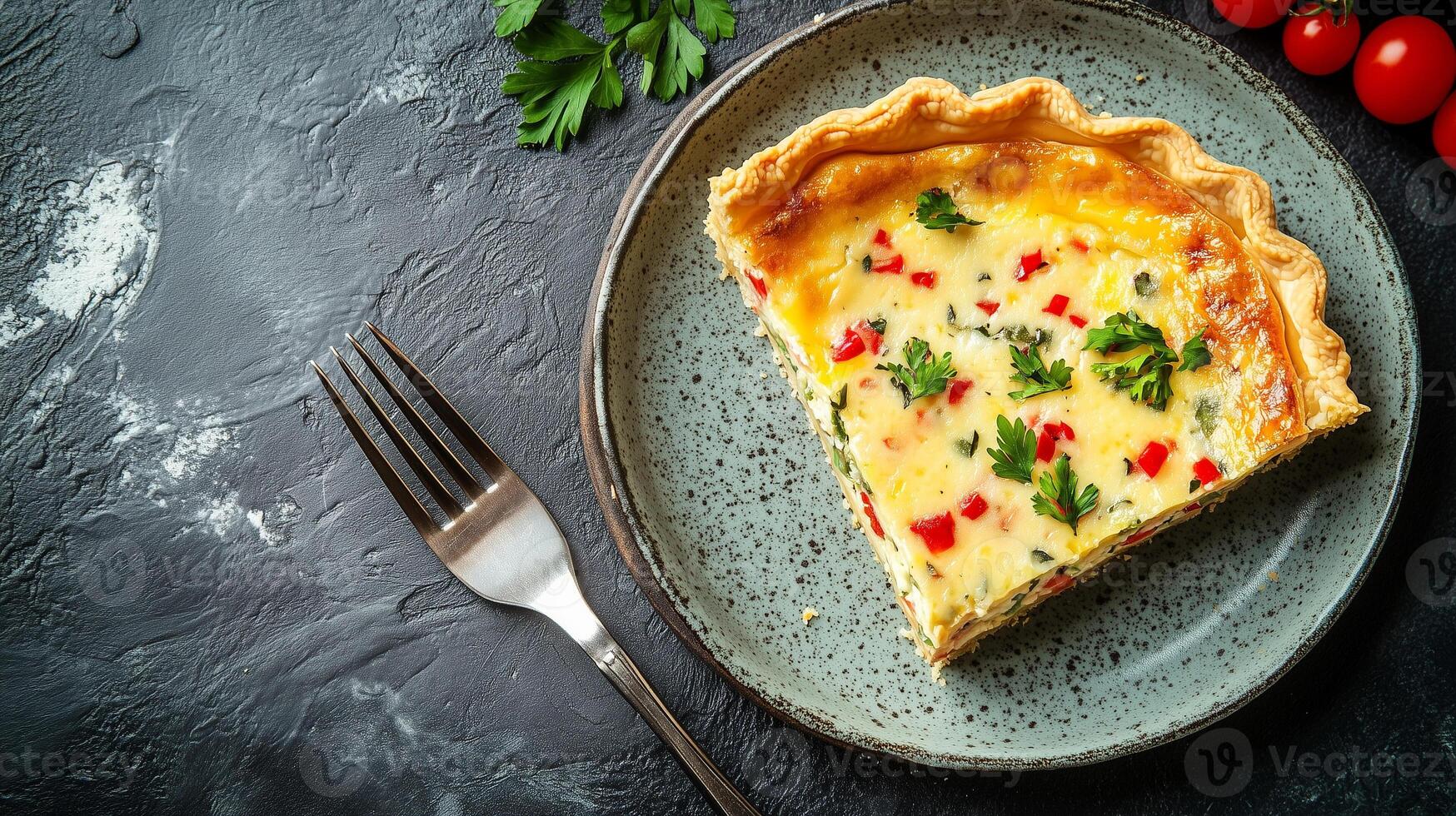 Quiche slice on a plate with a small bowl of garnish beside it, gastronomy photography photo