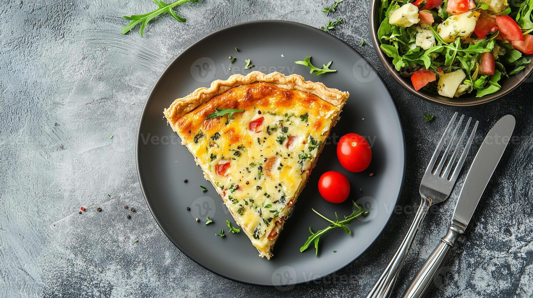 Quiche slice on a plate with a small bowl of garnish beside it, gastronomy photography photo