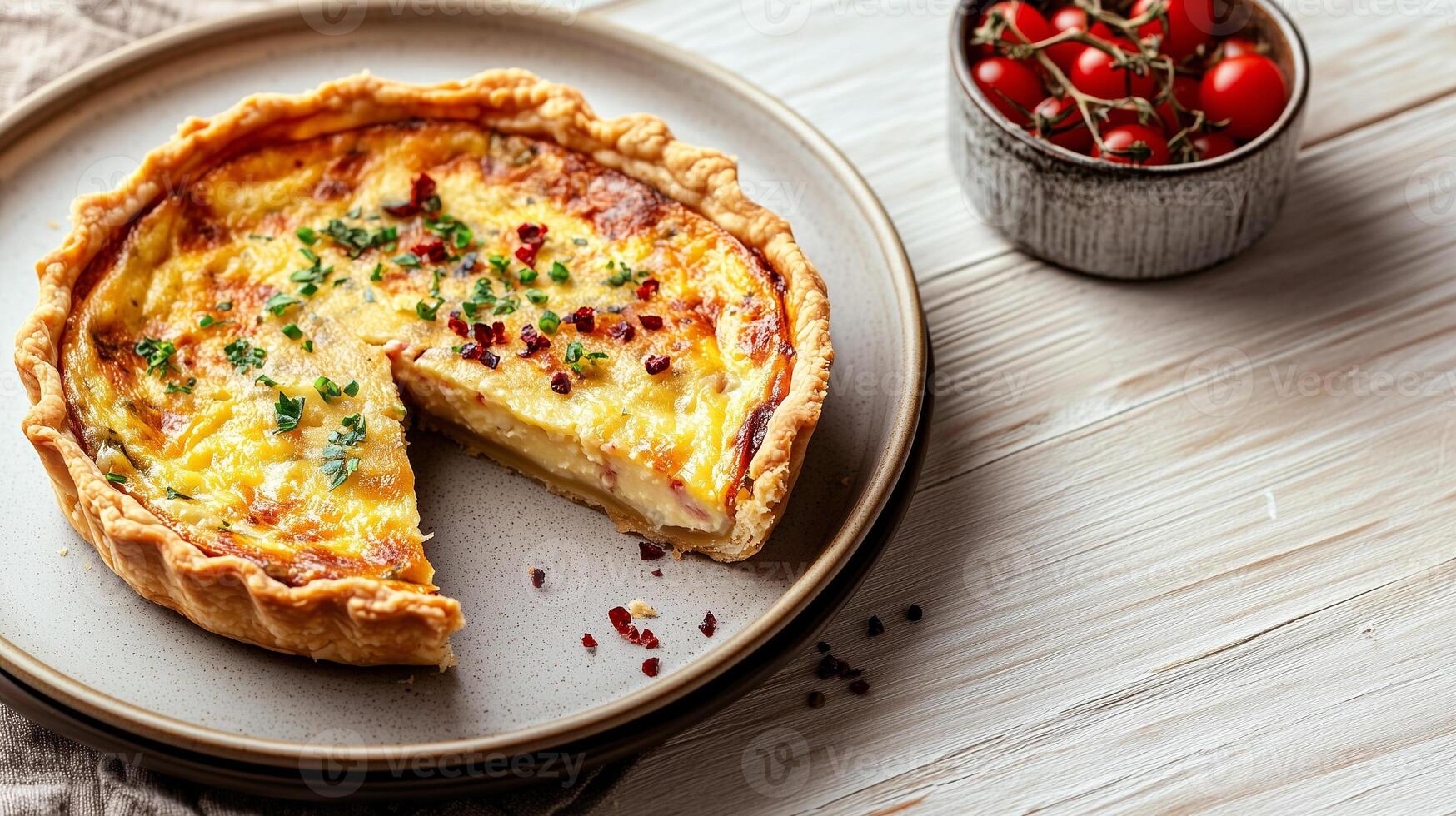 Quiche slice on a plate with a small bowl of garnish beside it, photorealistic food photo