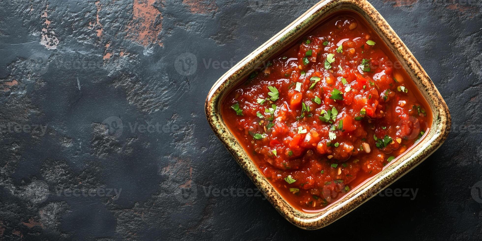 Salsa in a rectangular container, smooth texture, gastronomy photography photo