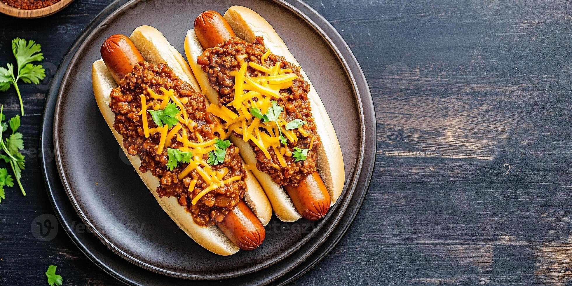 Pair of chili dogs on a plate with chili and cheese, gastronomy photography photo
