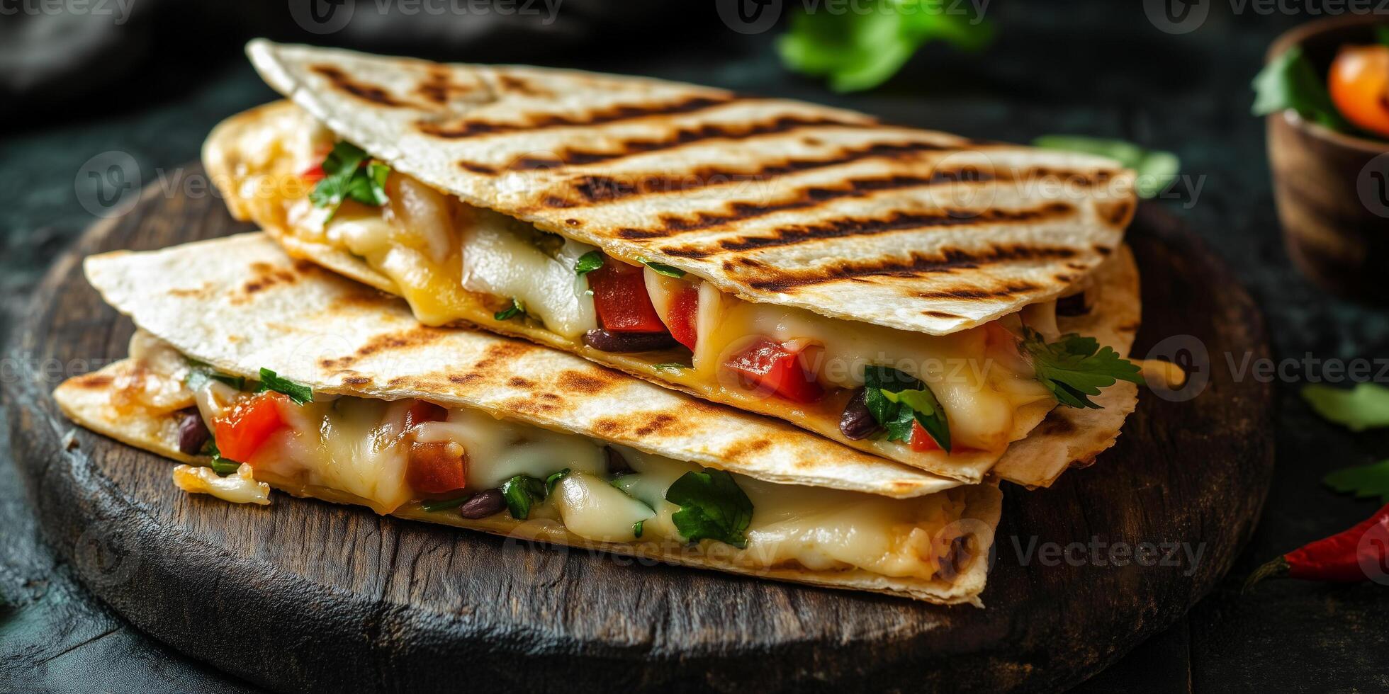 Two quesadilla slices side by side, each showing melted cheese between layers, photorealistic food photo