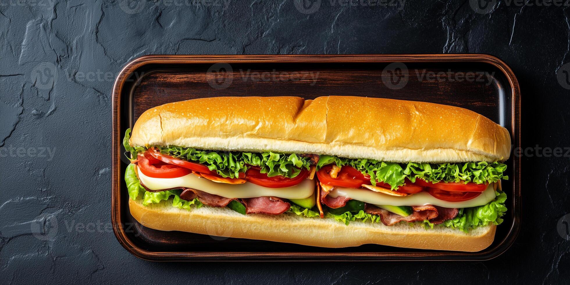 Two Italian subs neatly arranged on a tray, each filled with meat, cheese, and vegetables, gastronomy photography photo