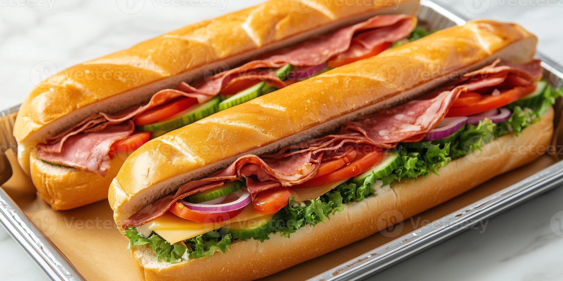 Two sub sandwiches on a tray, each containing meat, cheese, and fresh vegetables, gastronomy photography photo