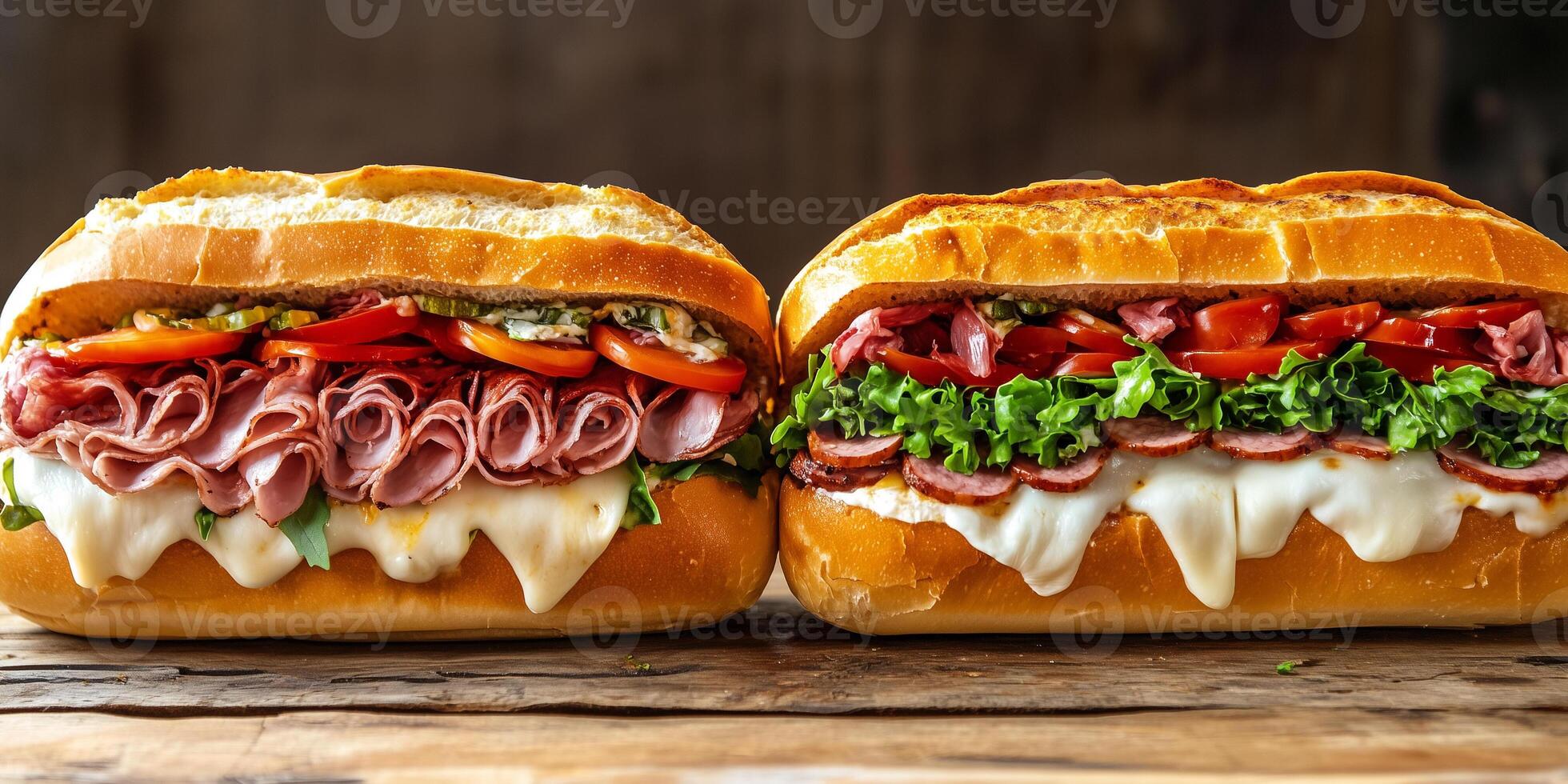 Two Italian subs side by side, packed with layers of meat, cheese, and vegetables, photorealistic food photo