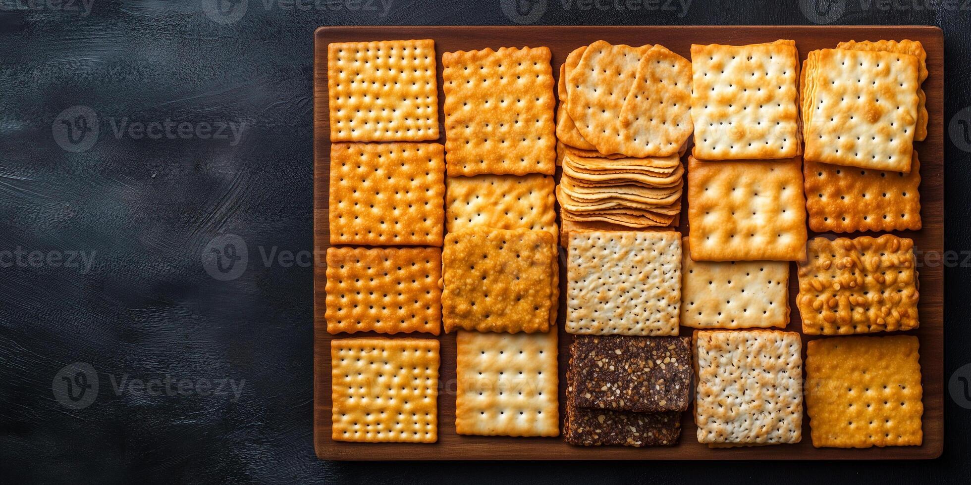 Crackers arranged neatly on a rectangular board, photorealistic food photo