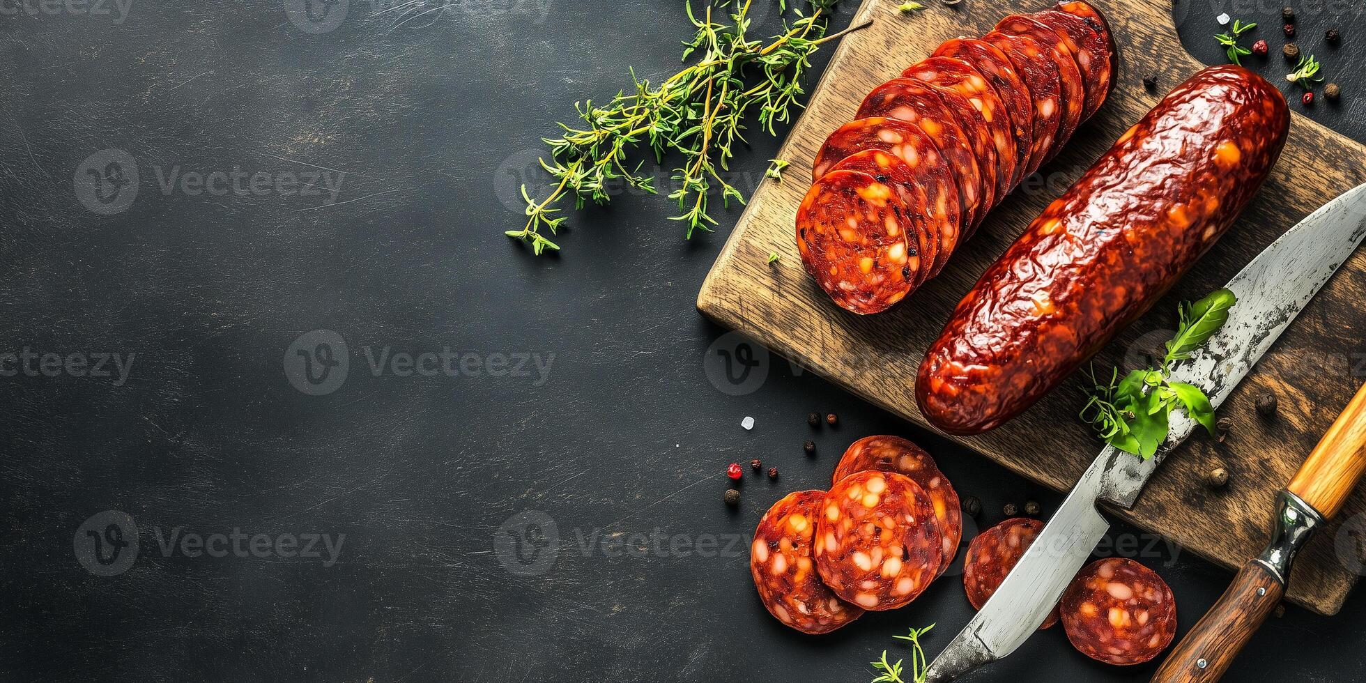 Whole chorizo and slices displayed with a knife on a cutting board, photorealistic food photo
