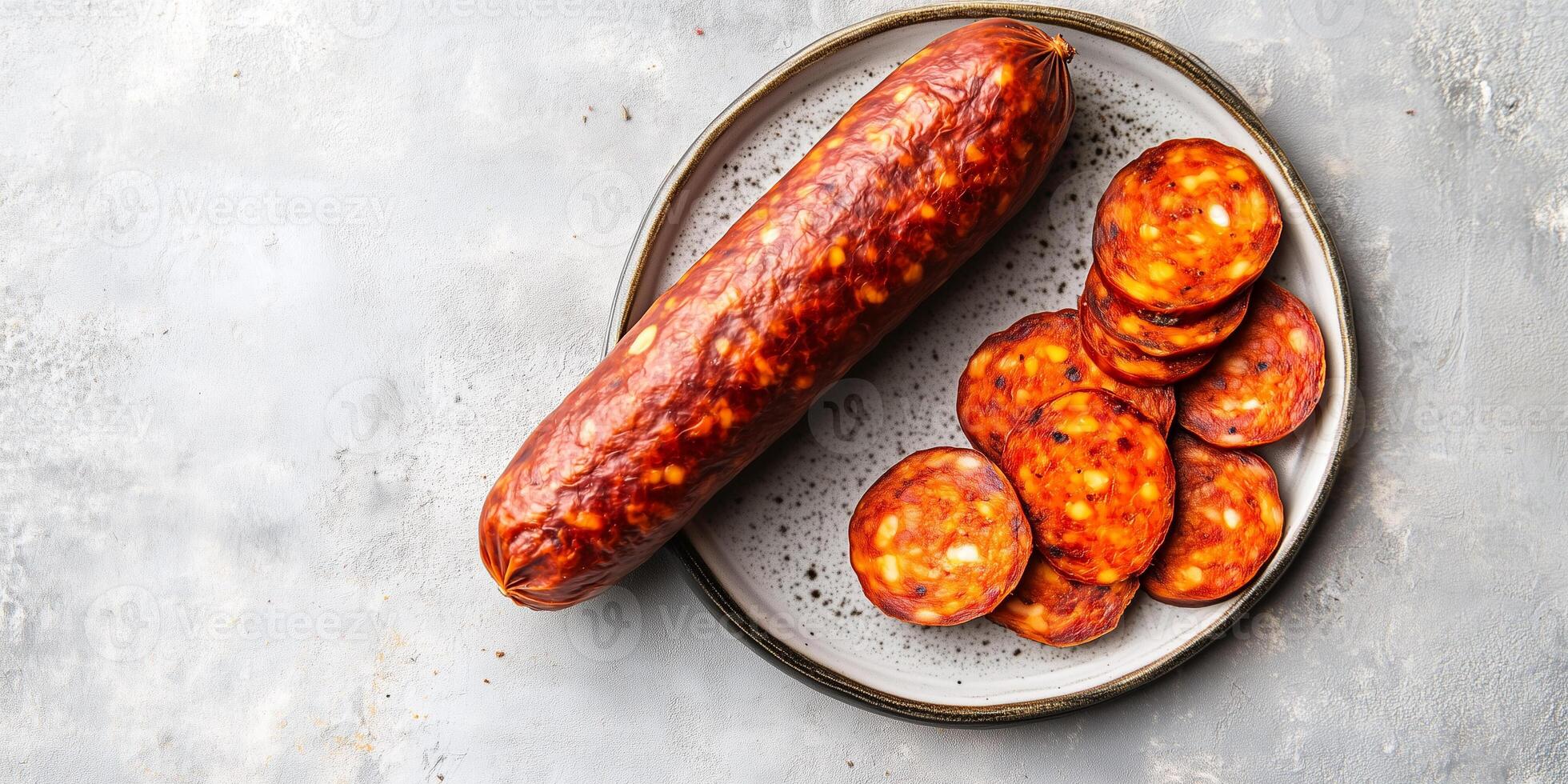 Whole chorizo with a few slices next to it on a plate, photorealistic food photo