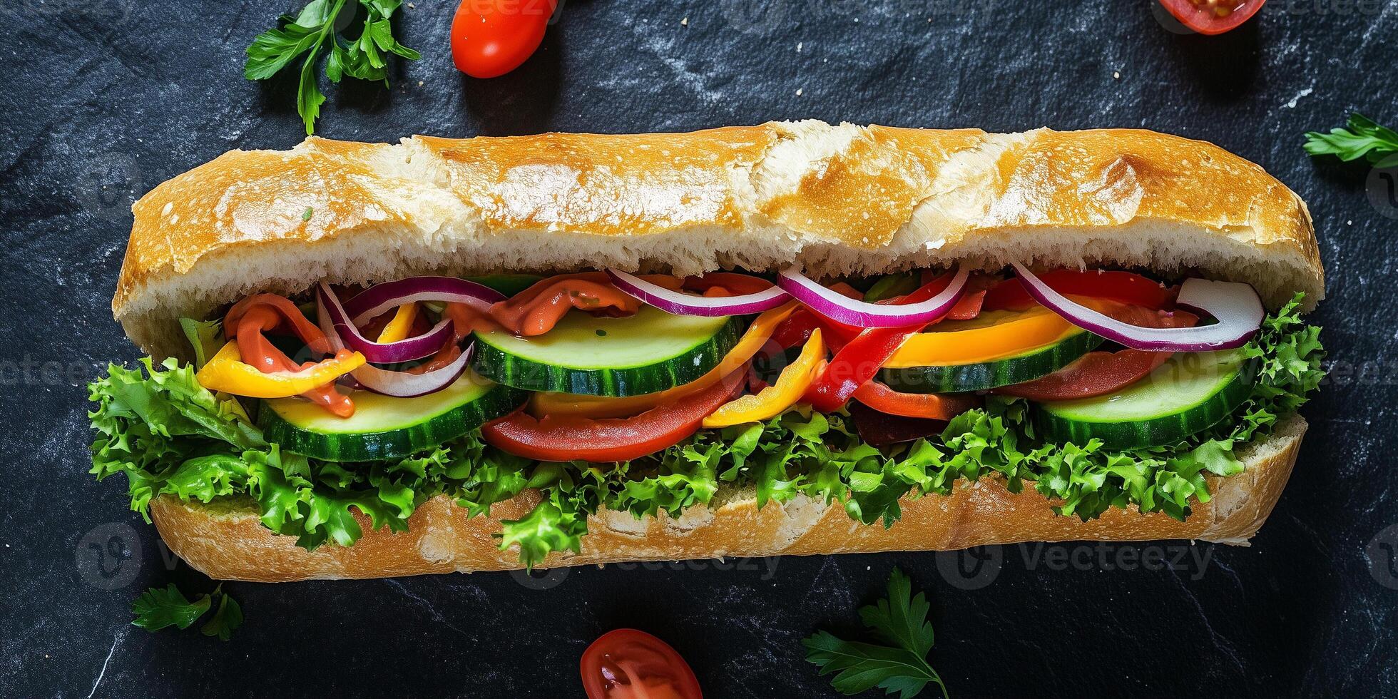 Close-up of veggie sub showing layers of vegetables in a roll, food setting photo