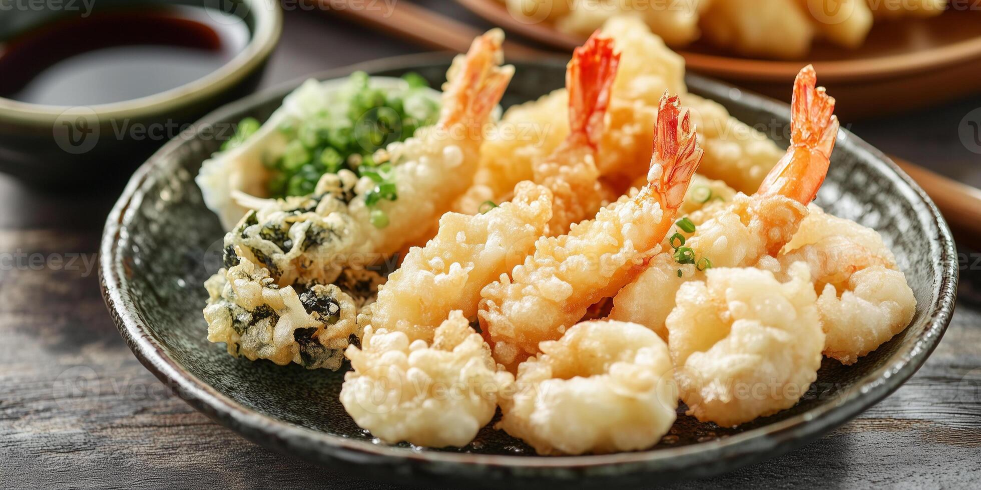Close-up of assorted tempura on a ceramic plate with dipping sauce, meal photography photo