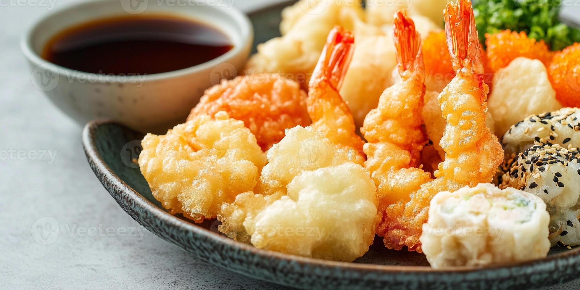 Close-up of assorted tempura on a ceramic plate with dipping sauce, food setting photo