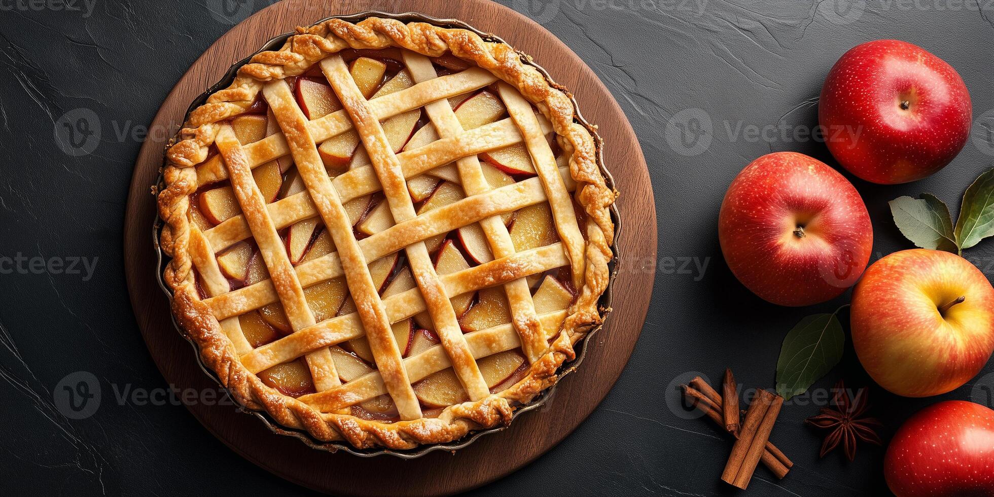 Lattice-topped pie with cooked apples and spices inside, food setting photo