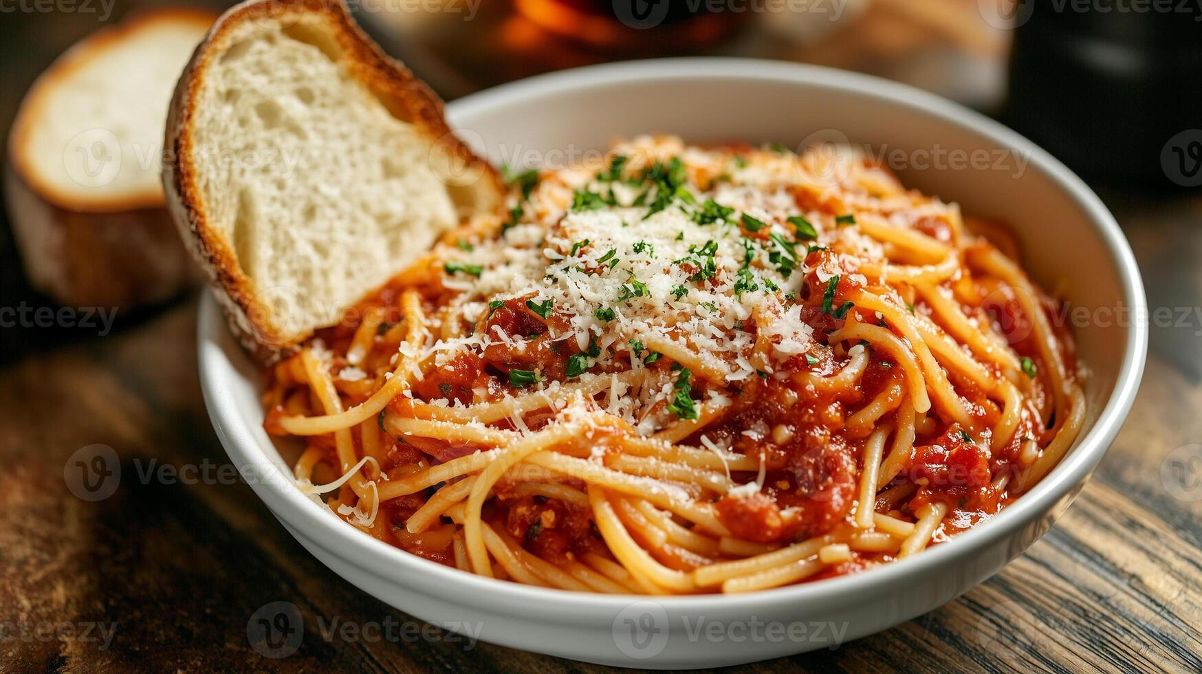 Dish of spaghetti with marinara sauce and grated cheese, served with a slice of bread, food setting photo