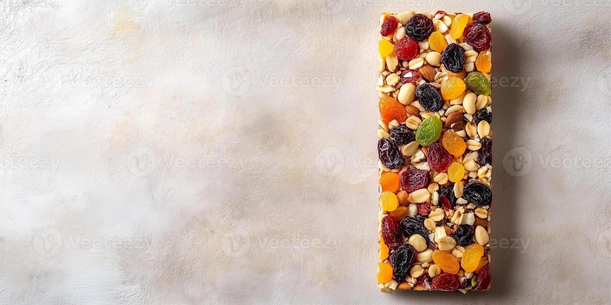 Fruit and nut bar with dried fruits and nuts on a flat surface, food setting photo