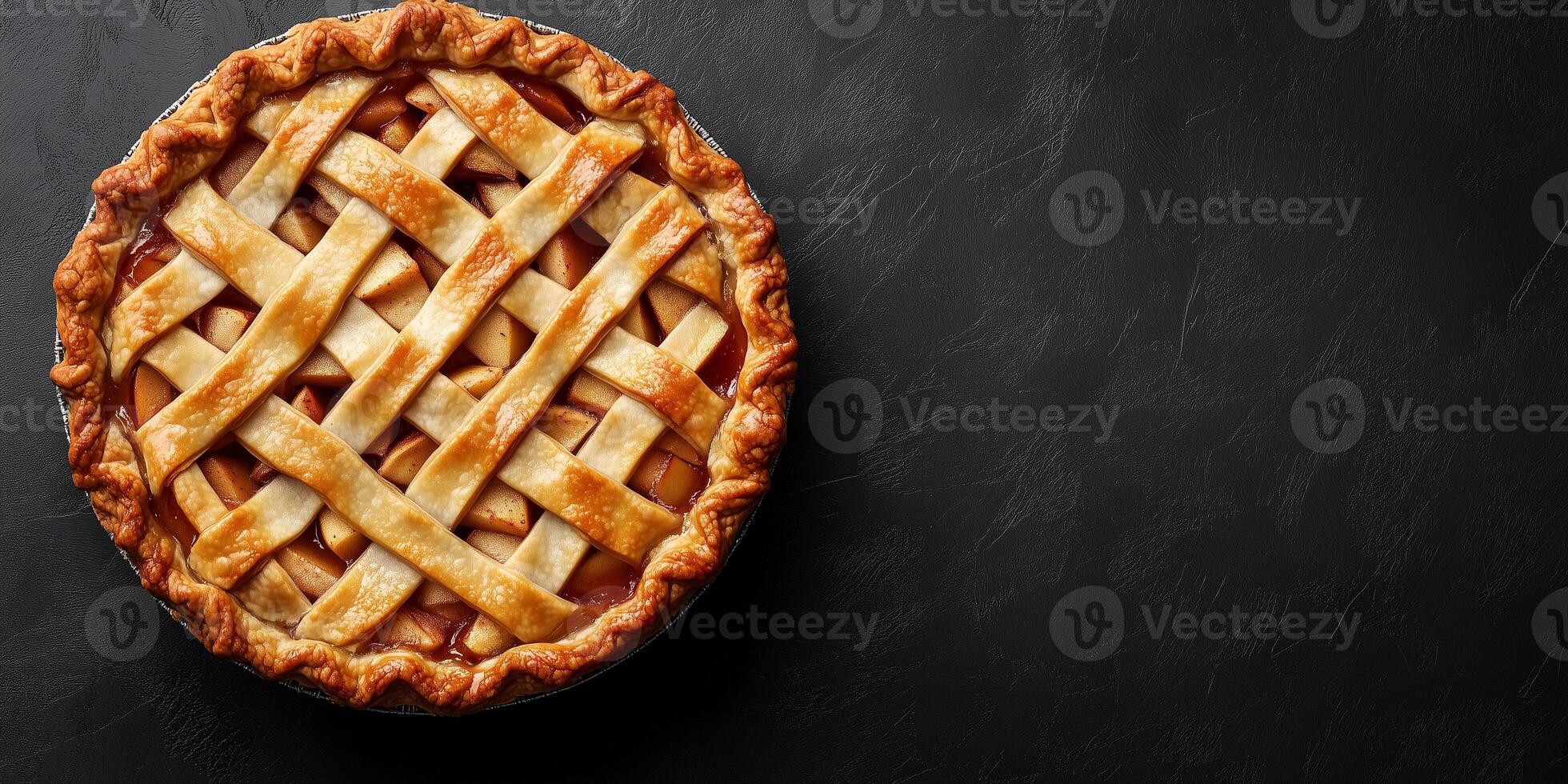 Freshly baked pie, with visible apple slices underneath a golden, crisscrossed top, food setting photo