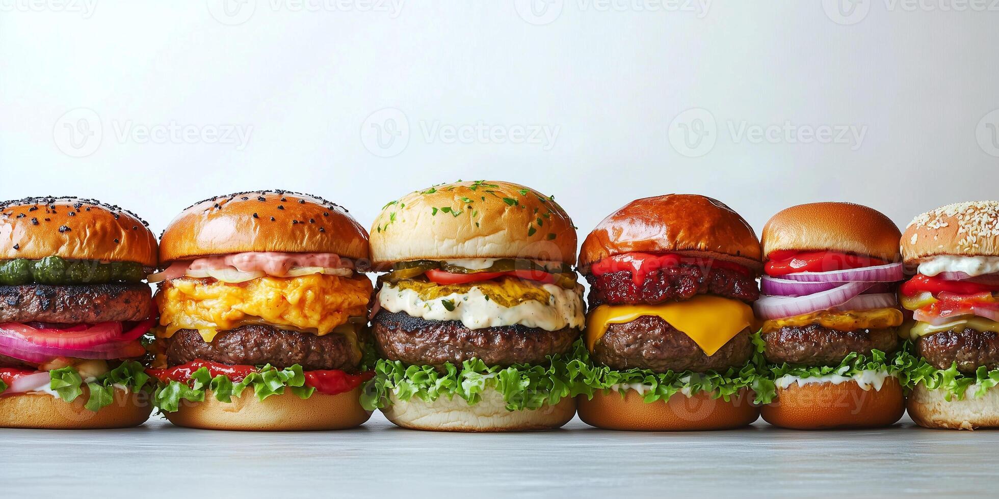 Gourmet burger with multiple fillings, arranged horizontally on a flat surface, food setting photo