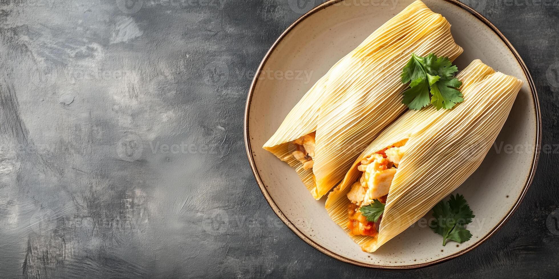 Serving of tamales with one partially unwrapped, showing the filling inside, on a neutral plate, meal photography photo