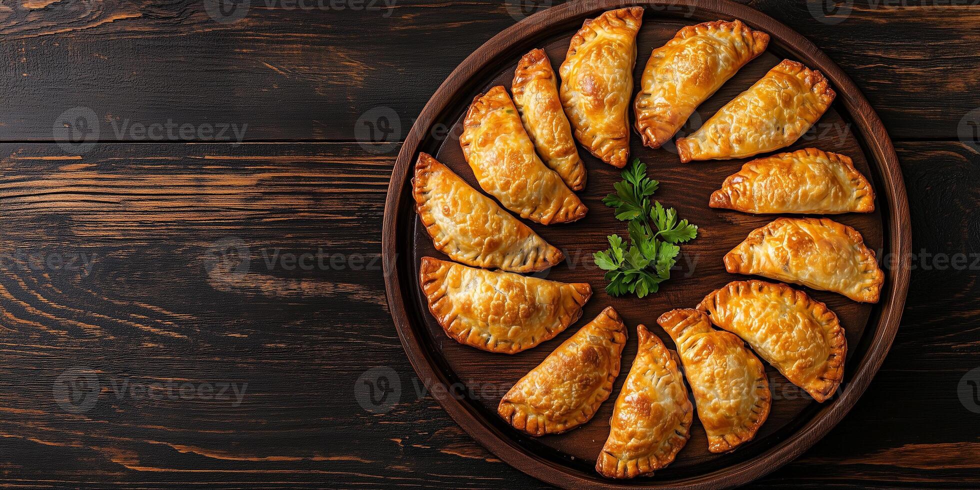 Serving tray with multiple beef empanadas arranged in a circular pattern, food setting photo