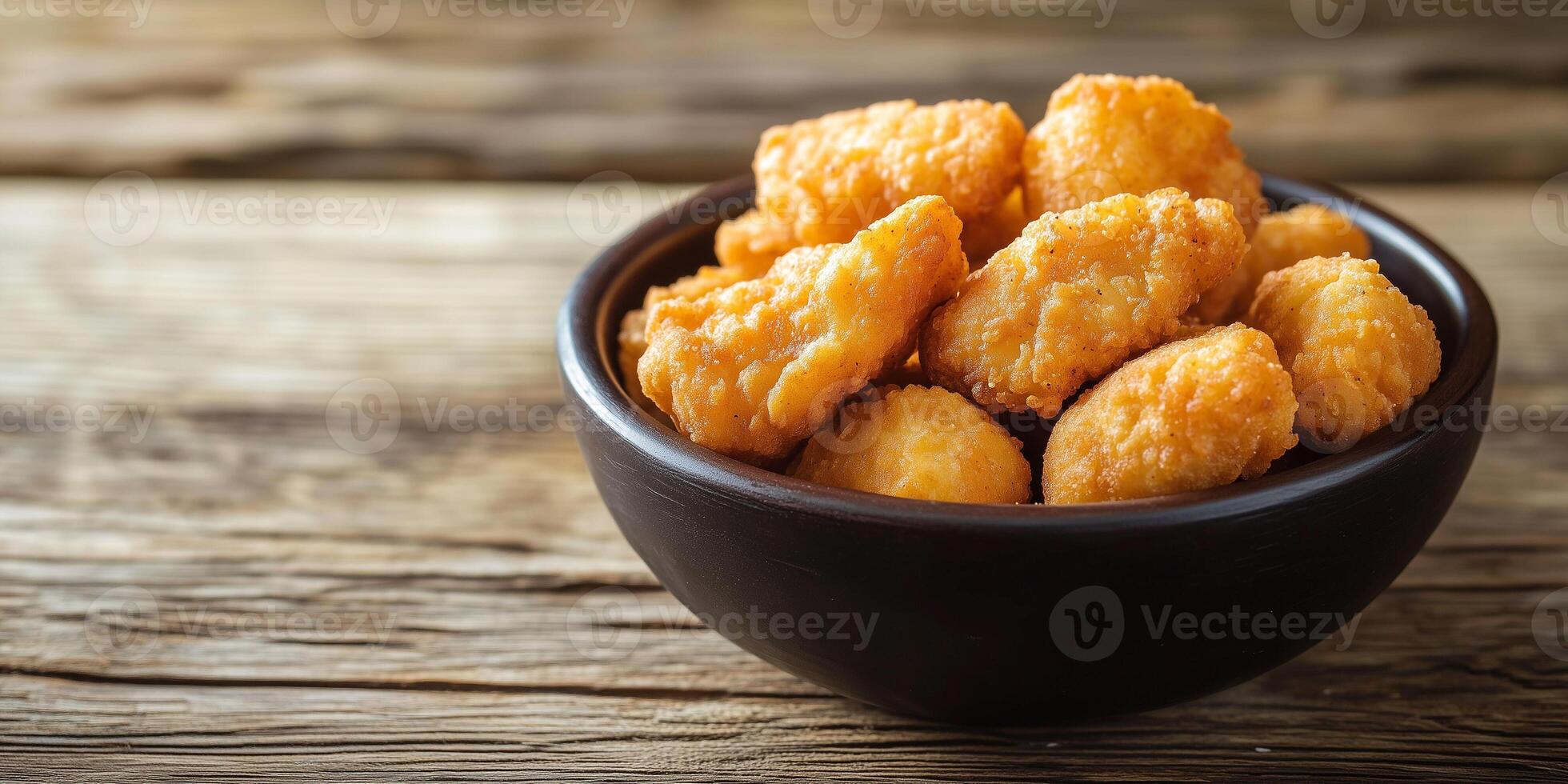 Small bowl of nuggets placed on a wooden table, ready for serving, food setting photo