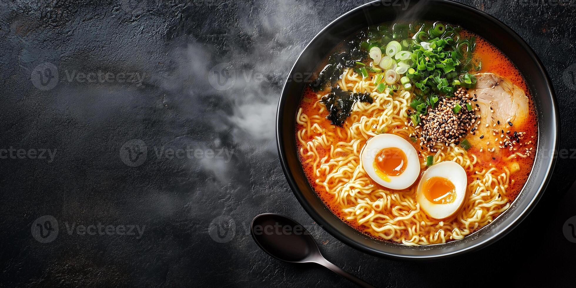 Steaming ramen bowl with broth, noodles, and toppings, with a spoon, meal photography photo
