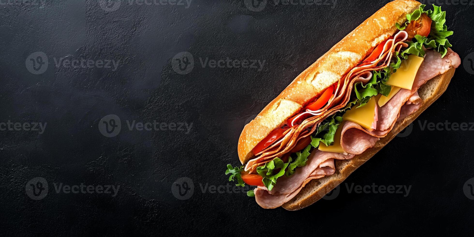 Overhead view of sub sandwich with visible layers of meat, cheese, and vegetables, meal photography photo