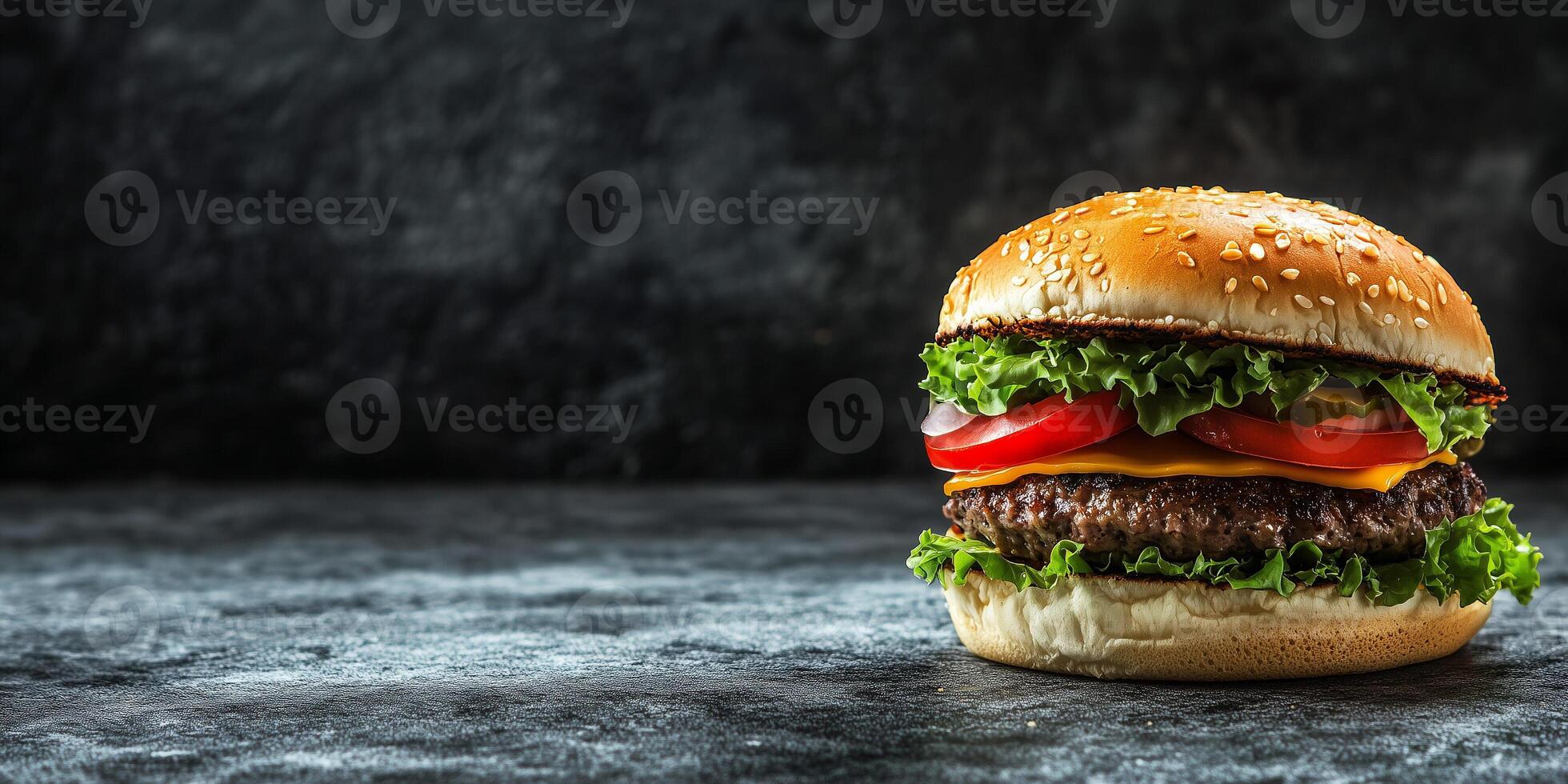 Assembled burger with visible layers, placed horizontally on a flat surface, food setting photo