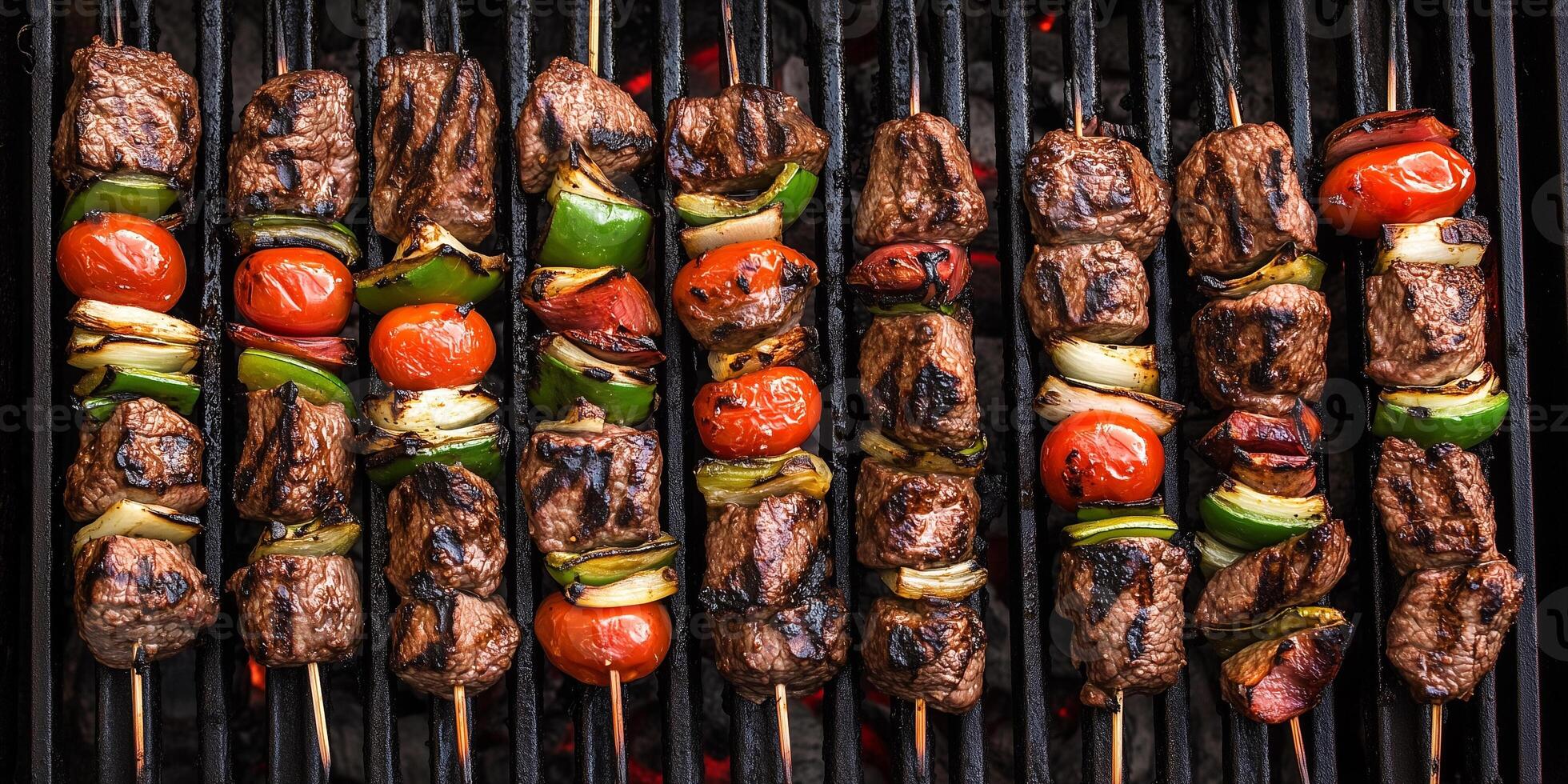 Beef kebabs arranged on a grill, evenly spaced with vegetables, food setting photo