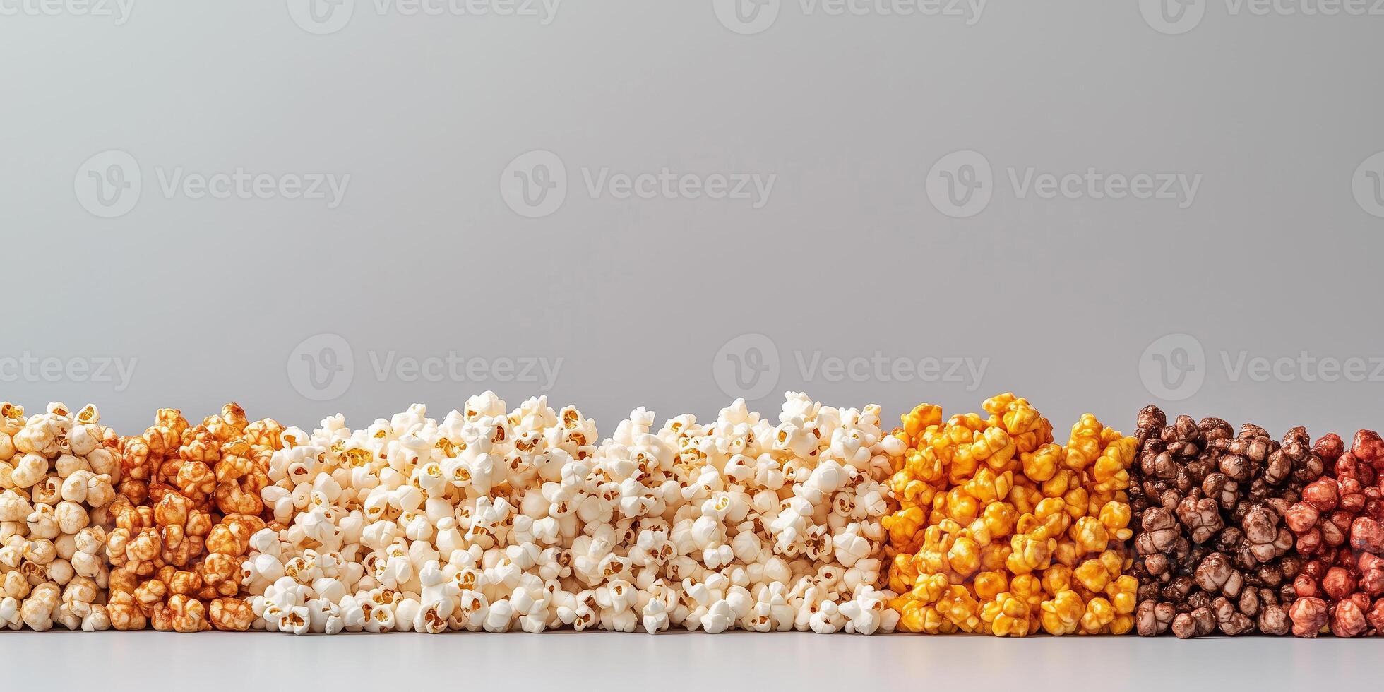 Flavored popcorn piled high, with coated popcorn arranged on a plain background, meal photography photo
