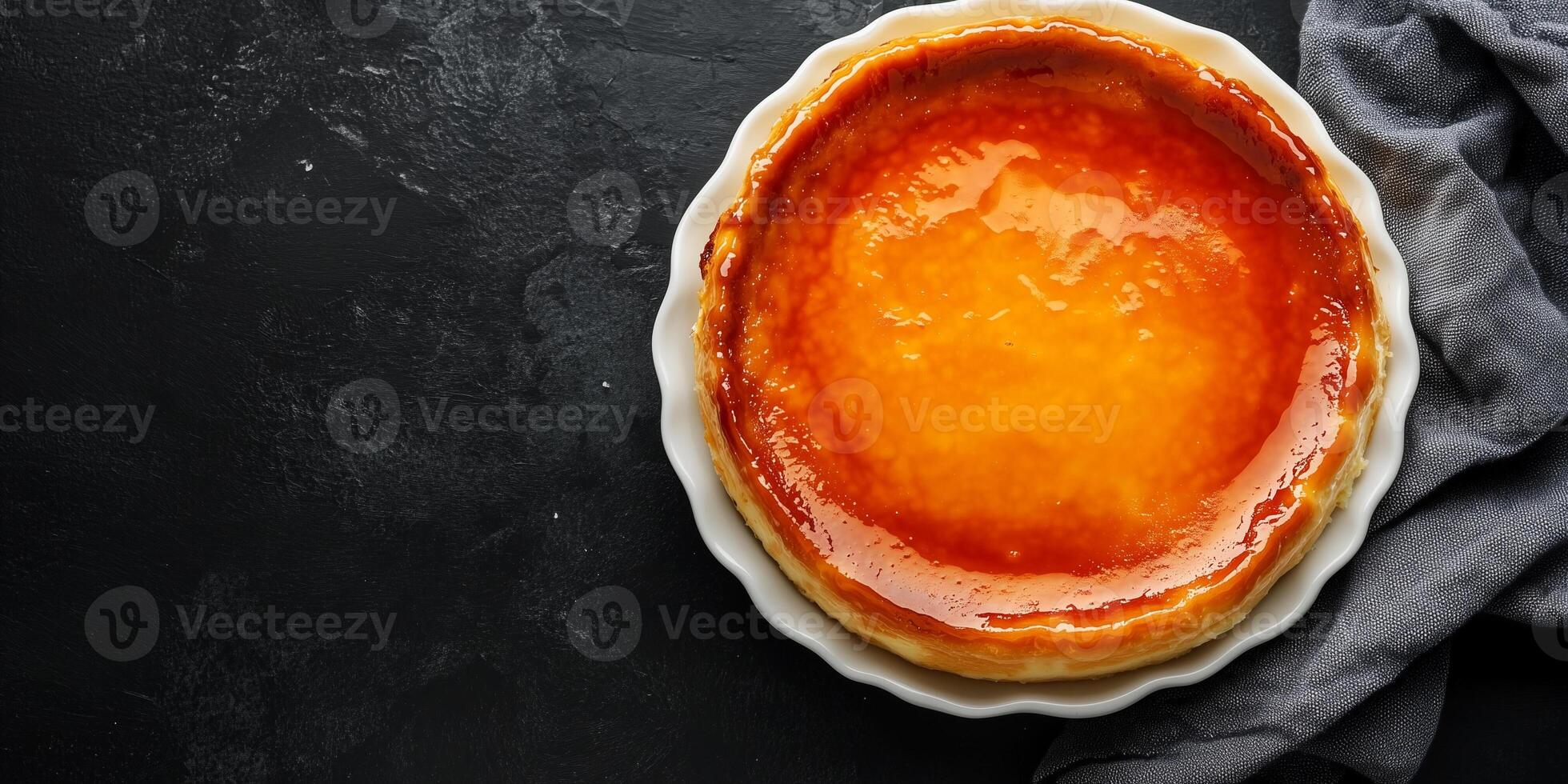 Flan in large dish, top-down view, smooth surface, food setting photo