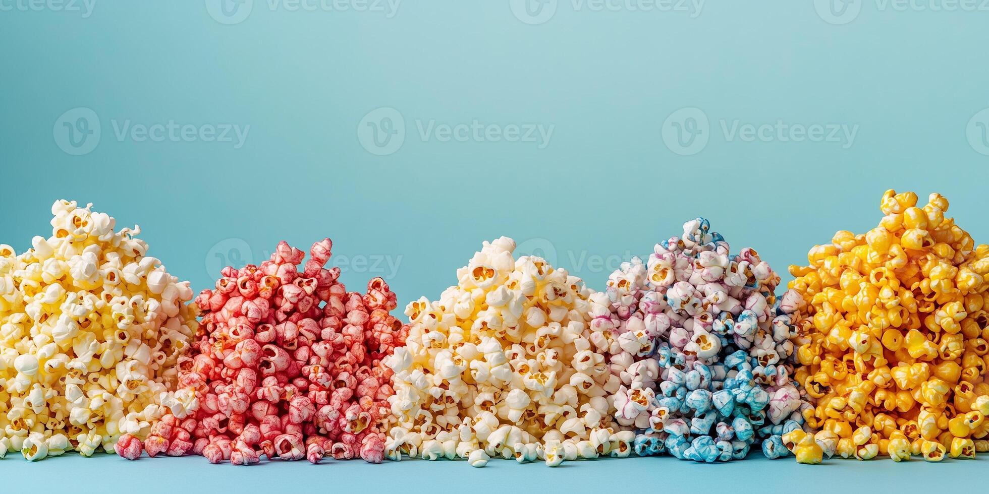 Flavored popcorn piled high, with coated popcorn arranged on a plain background, food setting photo