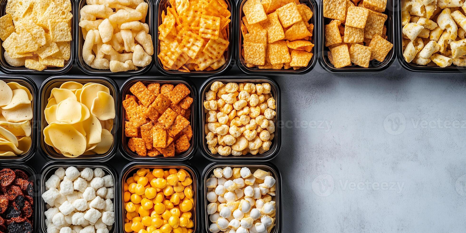 Individual servings of assorted snacks placed orderly on flat serving tray, meal photography photo