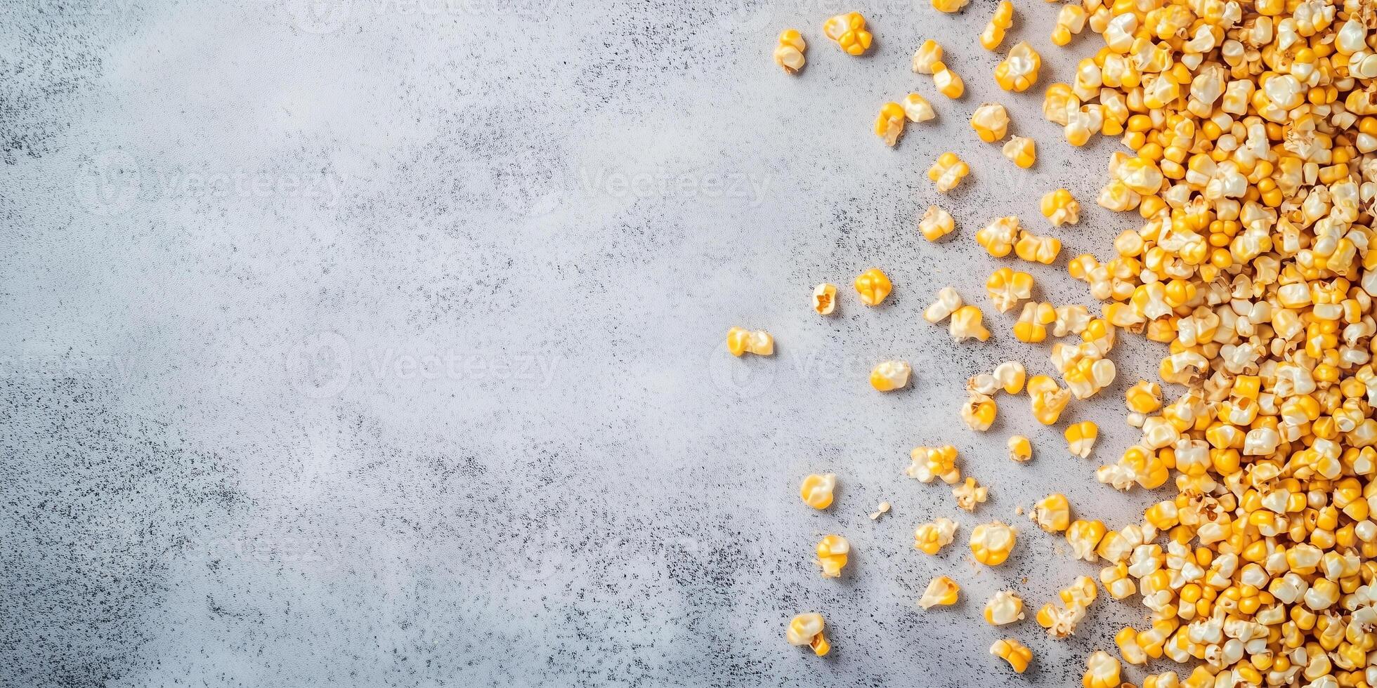 Kettle corn scattered on a flat surface, with popped kernels clearly visible, food setting photo