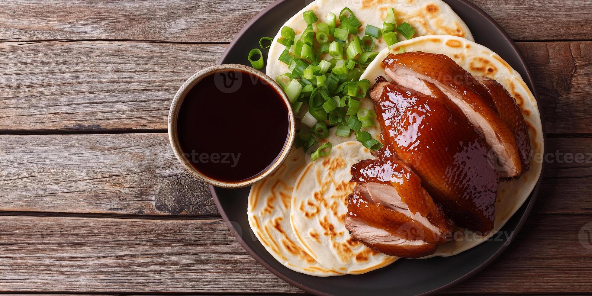 Peking duck with scallions and hoisin sauce, meal photography photo
