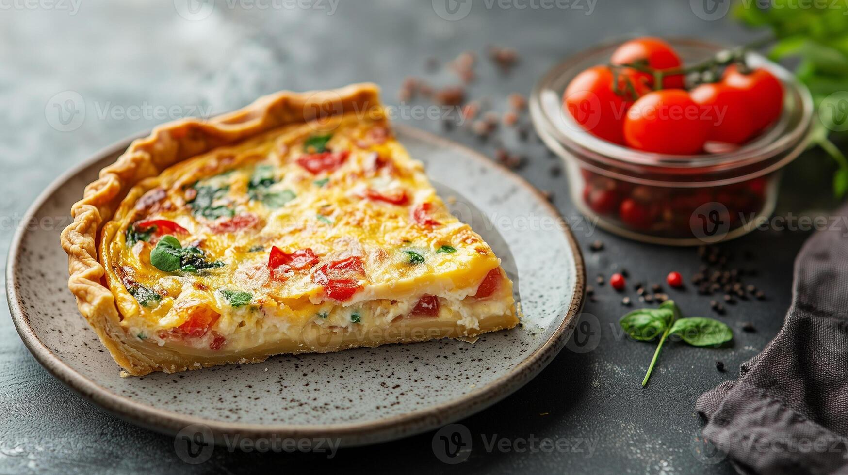 Quiche slice on a plate with a small bowl of garnish beside it, meal photography photo