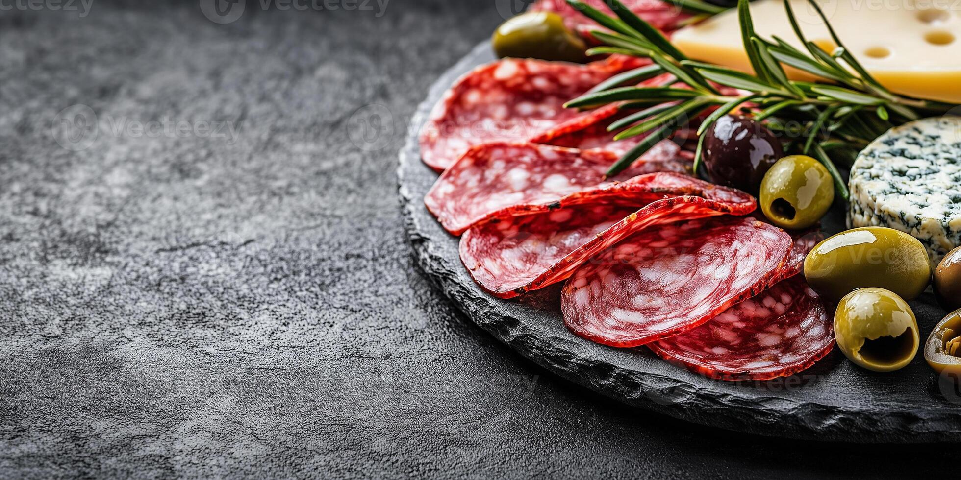 Salami slices displayed on a plate with olives and cheese, food setting photo