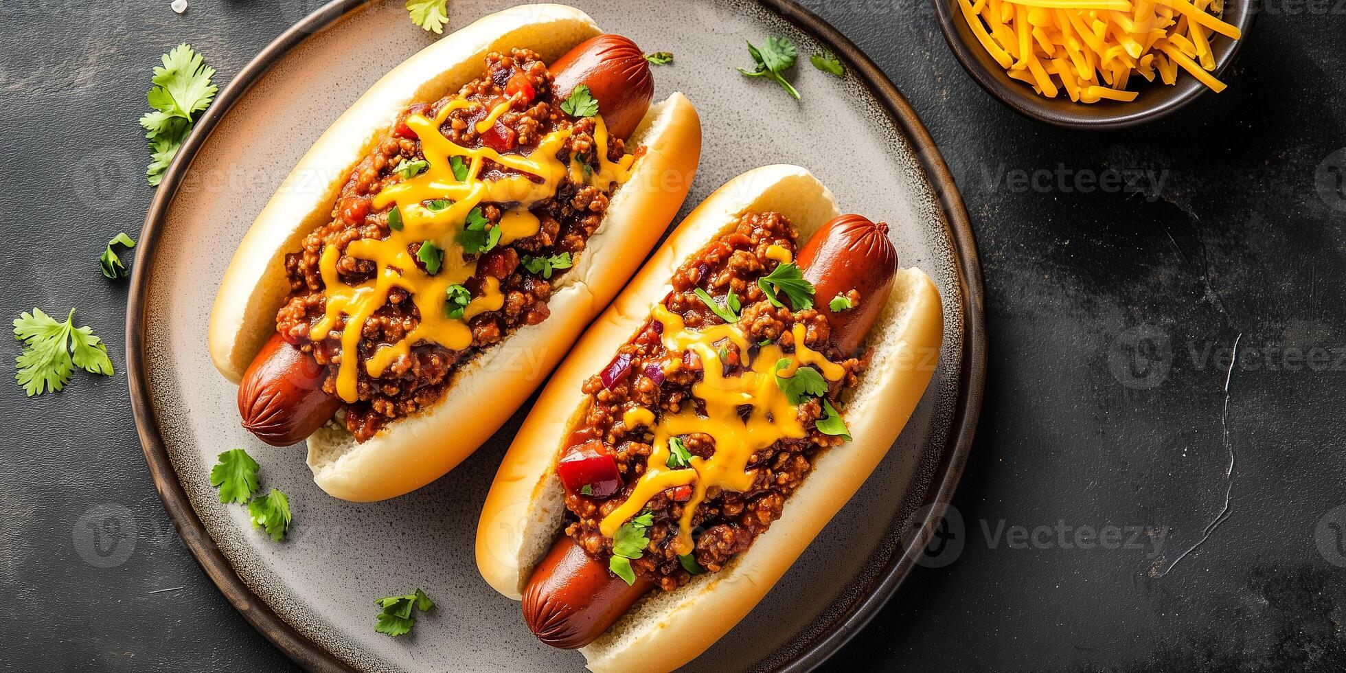 Pair of chili dogs on a plate with chili and cheese, food setting photo