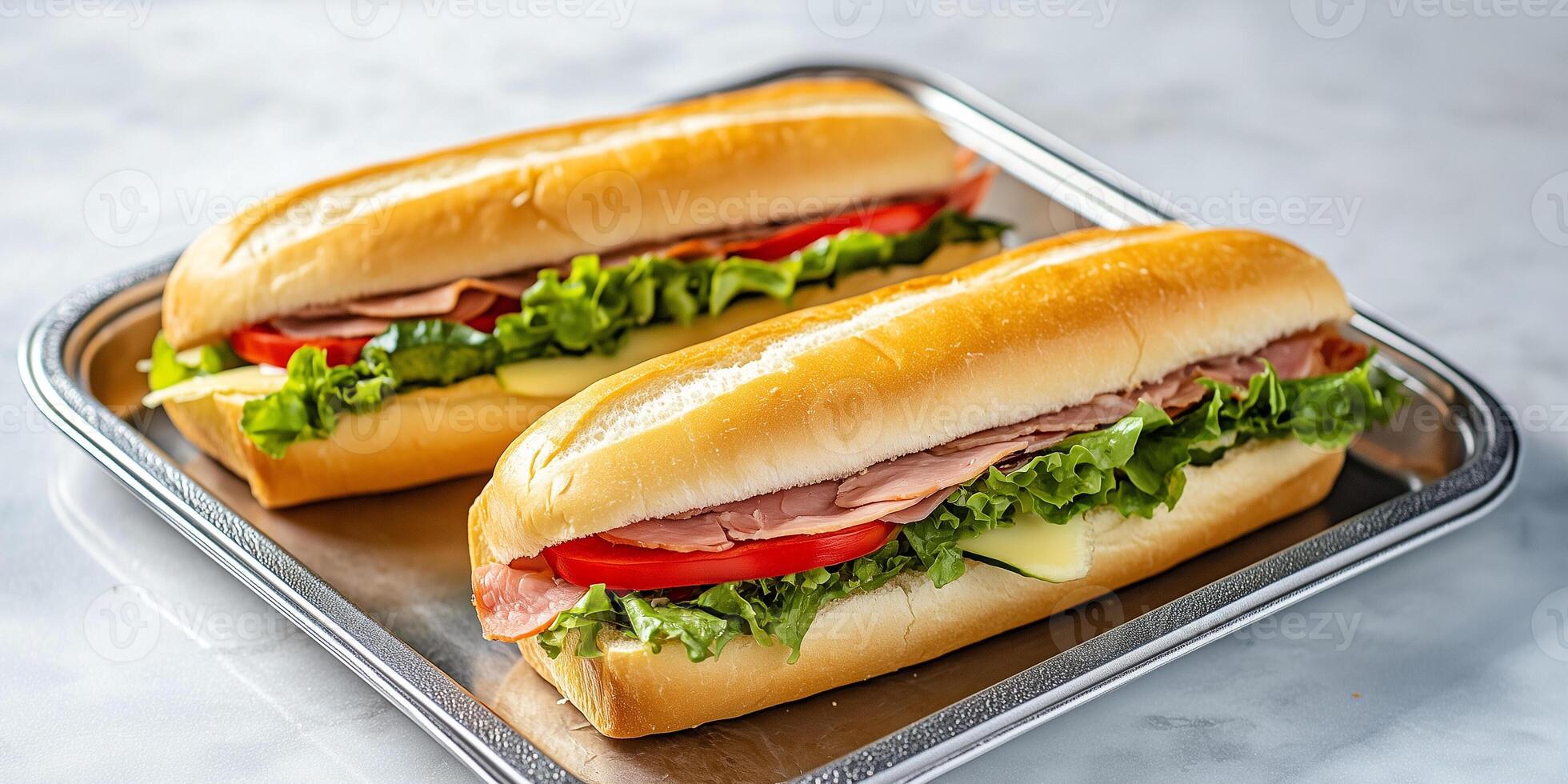 Two sub sandwiches on a tray, each containing meat, cheese, and fresh vegetables, food setting photo
