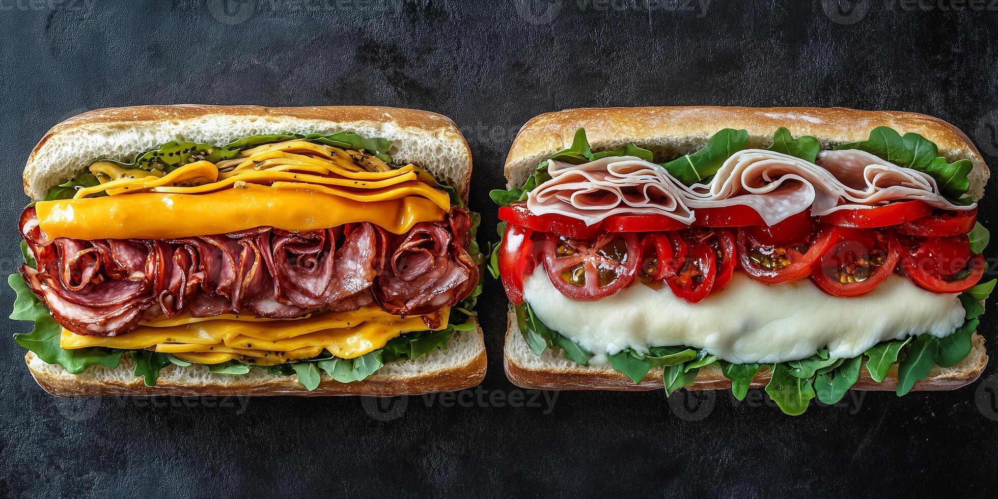 Two Italian subs side by side, packed with layers of meat, cheese, and vegetables, meal photography photo
