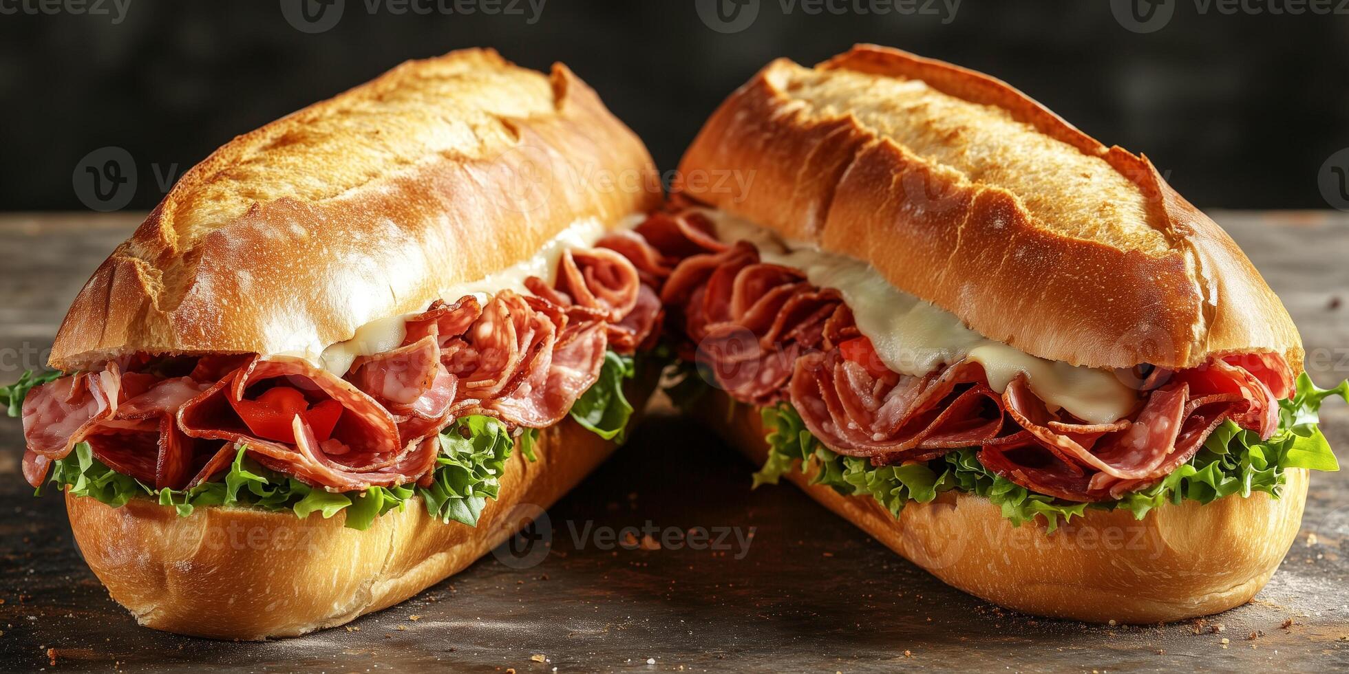 Two sub sandwiches side by side, filled with a mix of meat, cheese, and vegetables, food setting photo