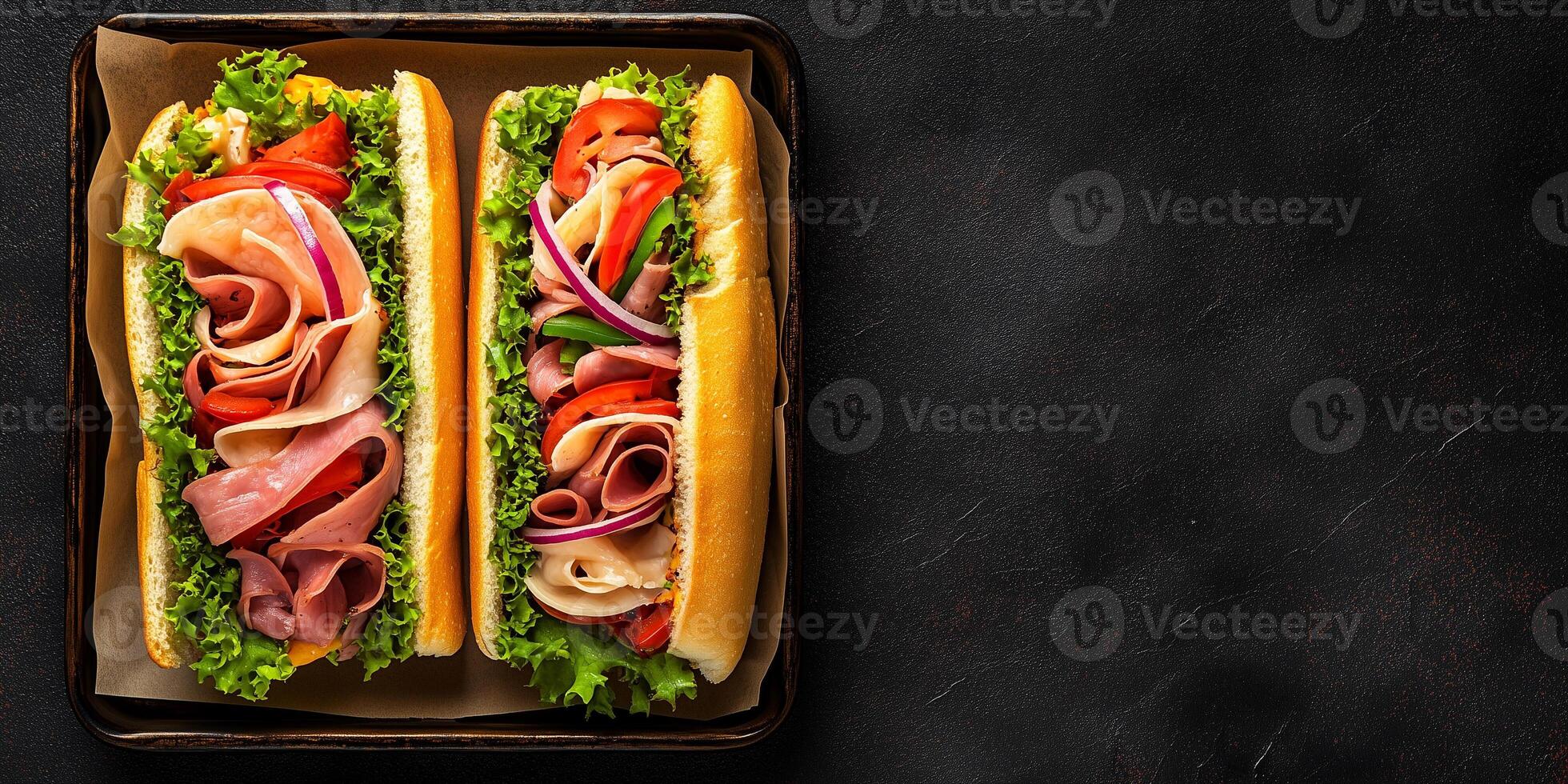 Two sub sandwiches on a tray, each containing meat, cheese, and fresh vegetables, meal photography photo