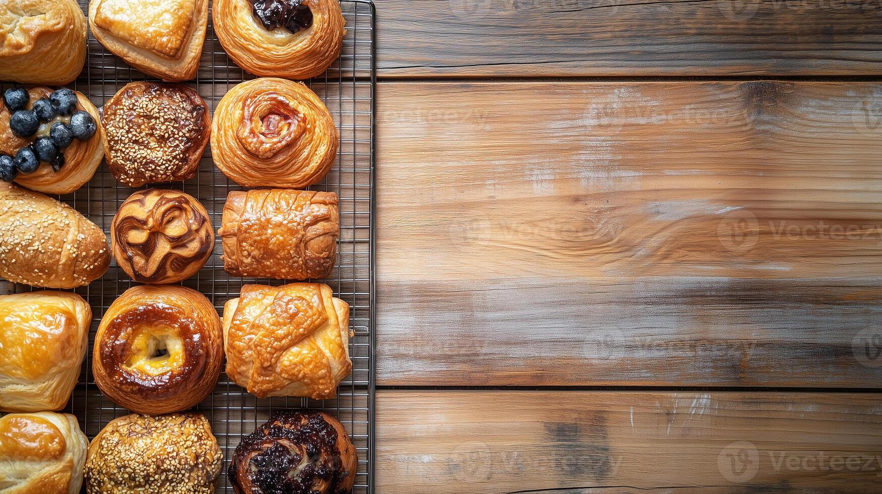 Various pastries lined up on a wire cooling rack over a wooden countertop, meal photography photo