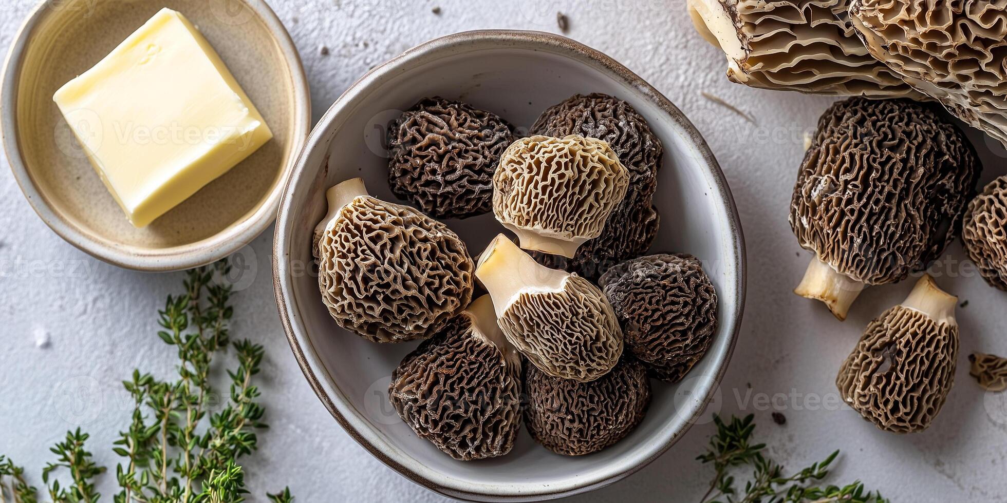 Whole morel mushrooms displayed next to a small dish of butter, food setting photo